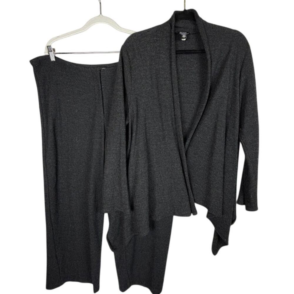 EILEEN FISHER 100% Wool Lounge Set L Waterfall Cardigan Wide Leg Pants MSRP $616